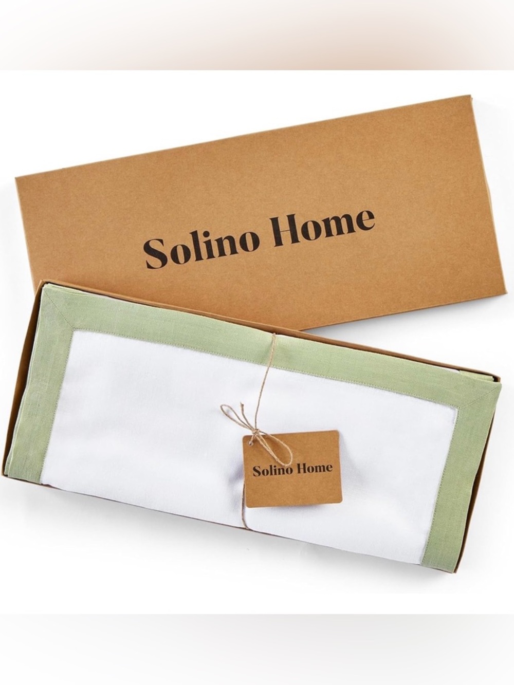 NWT Solino Home Linen Table Runner 36” Long 100% Pure Linen Sage Green and White
